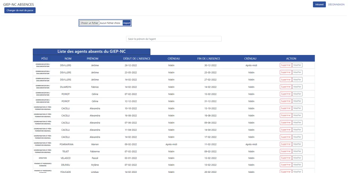 Page d'accueil de l'application Absences