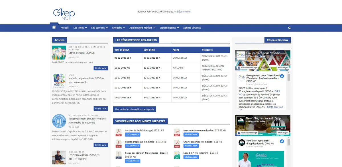 Page d'accueil de l'intranet