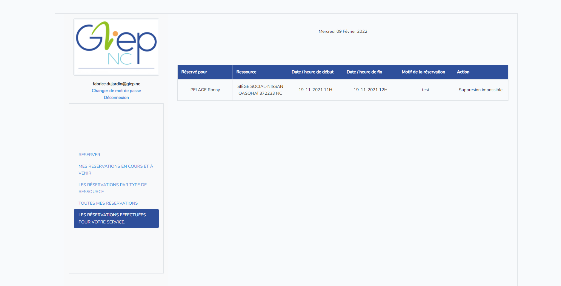 cette image représente la page des réservation faite pour les agents appartenant au service de l'agent connecter de application ressource faite par fabrice dujardin