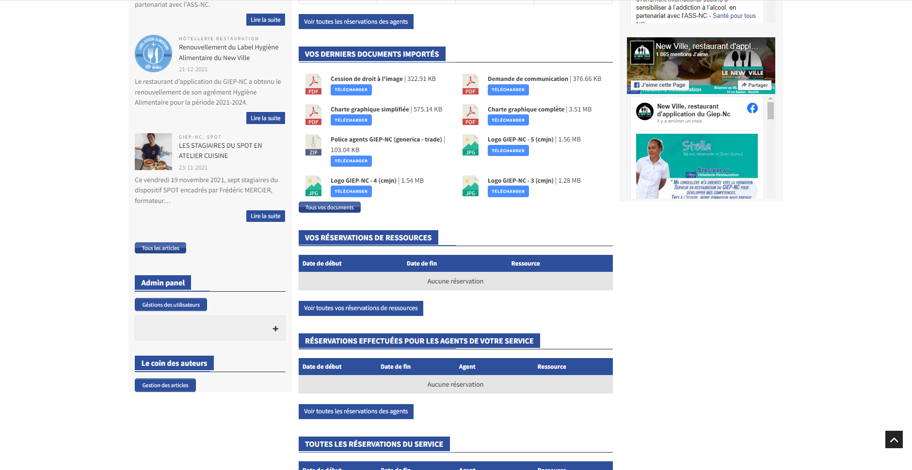 Bas de la Page accueil de l'intranet fait en wordpress par fabrice dujardin